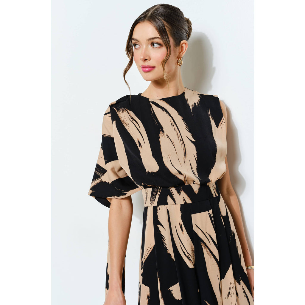 Abstract Draped Scarf-Neck Jumpsuit: