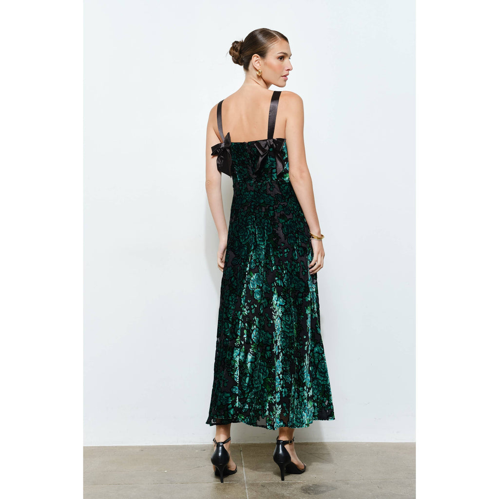Emerald Velvet Bow-Back Maxi Dress