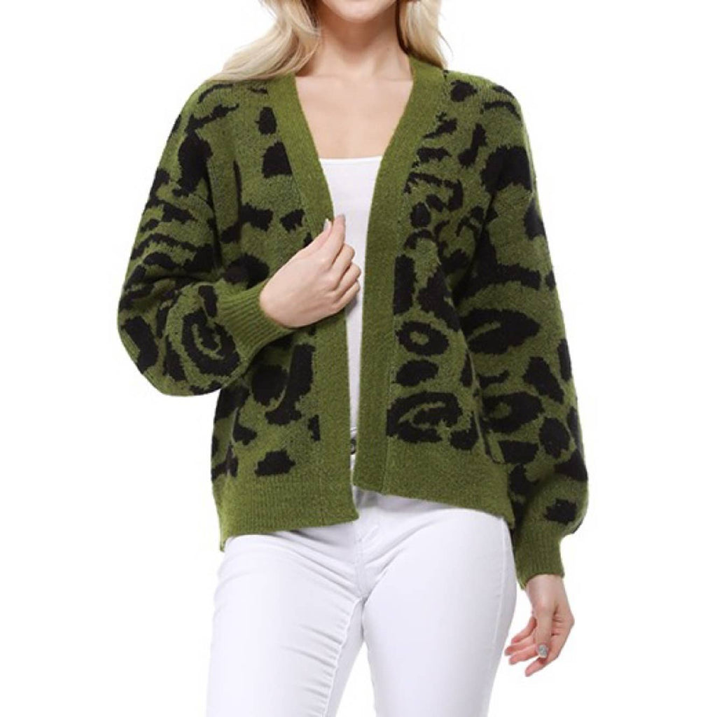 Leopard Open Front Cardigan: Sage