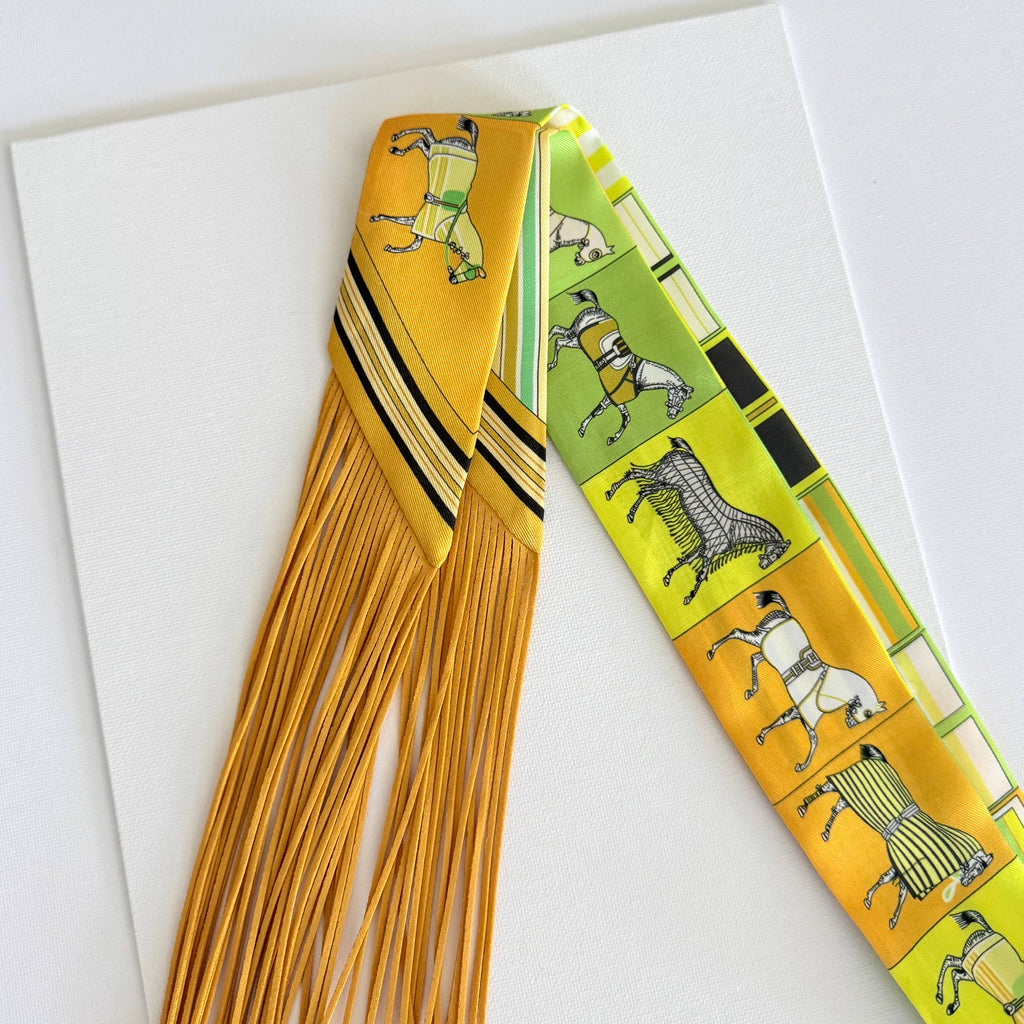 Fringe Scarf Horse Pattern Color-Block Yellow and Green