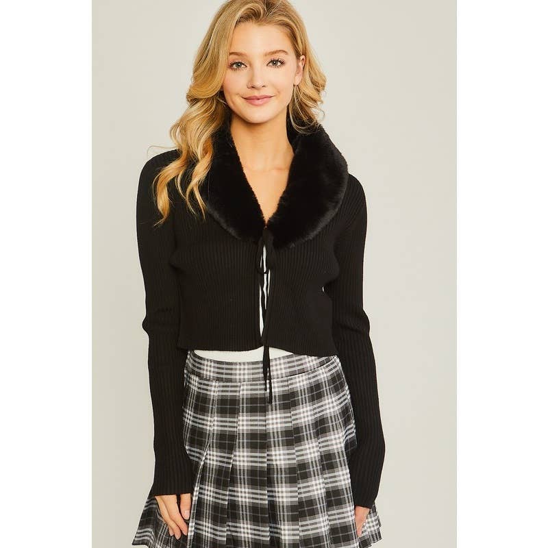 Fluffy Collar Cardigan: Black