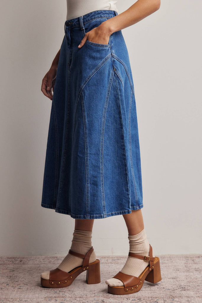 Paneled A-Line Stretch Denim Skirt