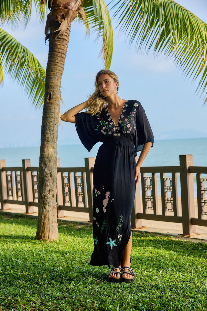 Seahorse Embroidered Caftan Dress