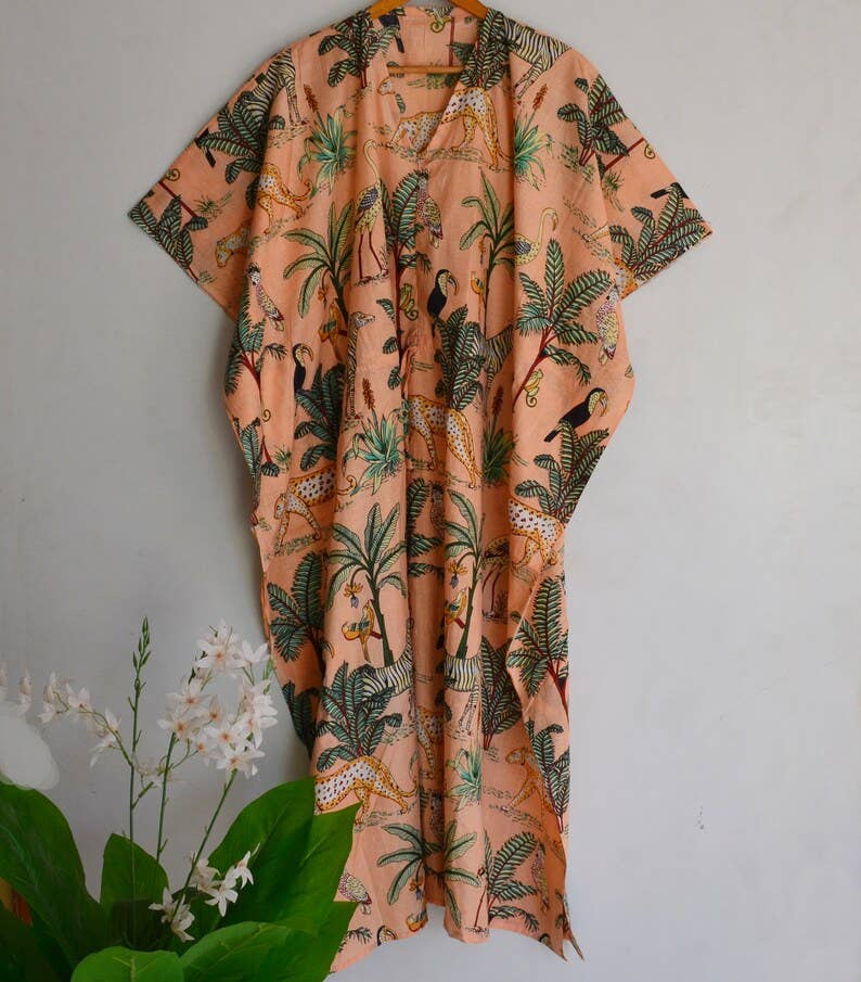 Coral Jungle Print Cotton Caftan