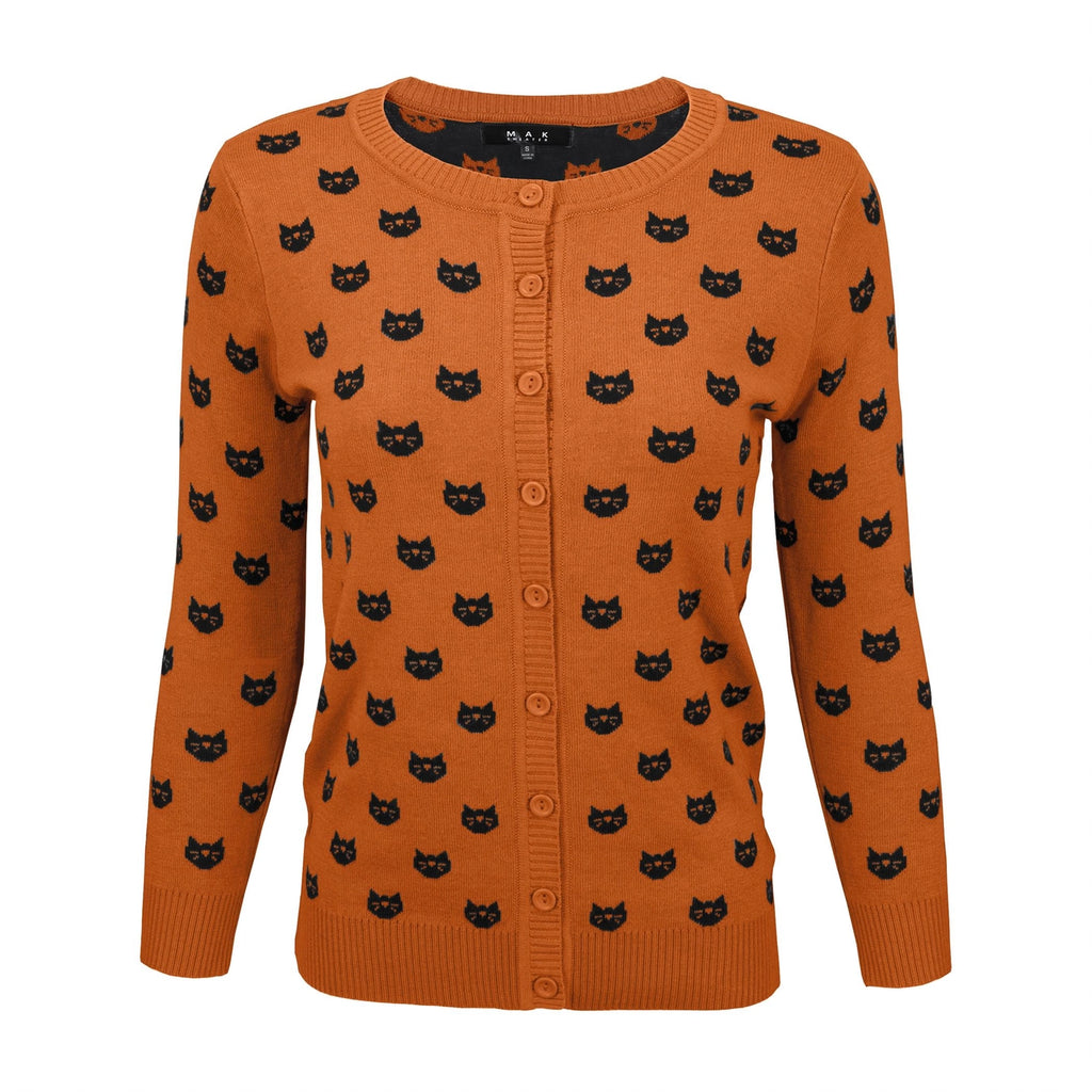 Crew Neck Cat Cardigan: Orange