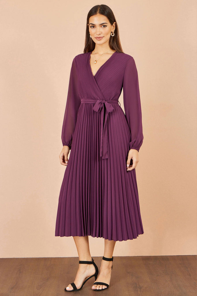 Purple Pleated Wrap Midi Dress