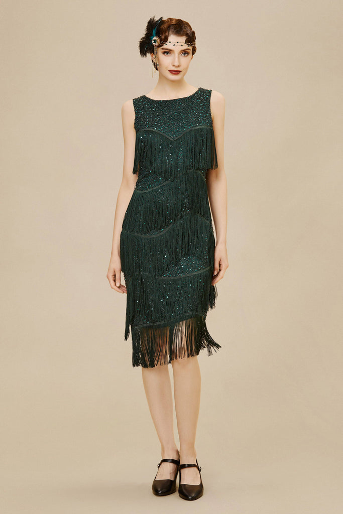 Dark Green Glitter Fringe Bias Hem Dress
