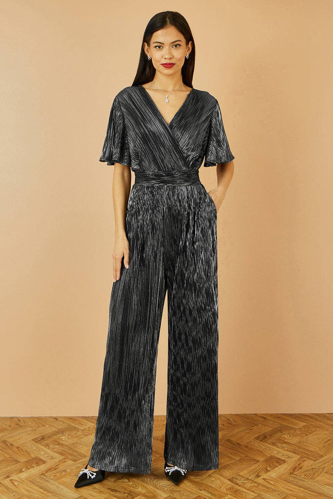 Black Silver Metallic Pleated Jumpsuit