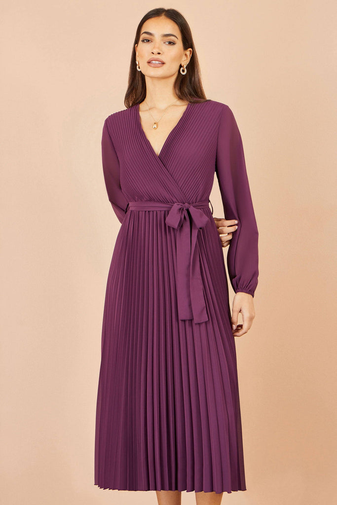 Purple Pleated Wrap Midi Dress
