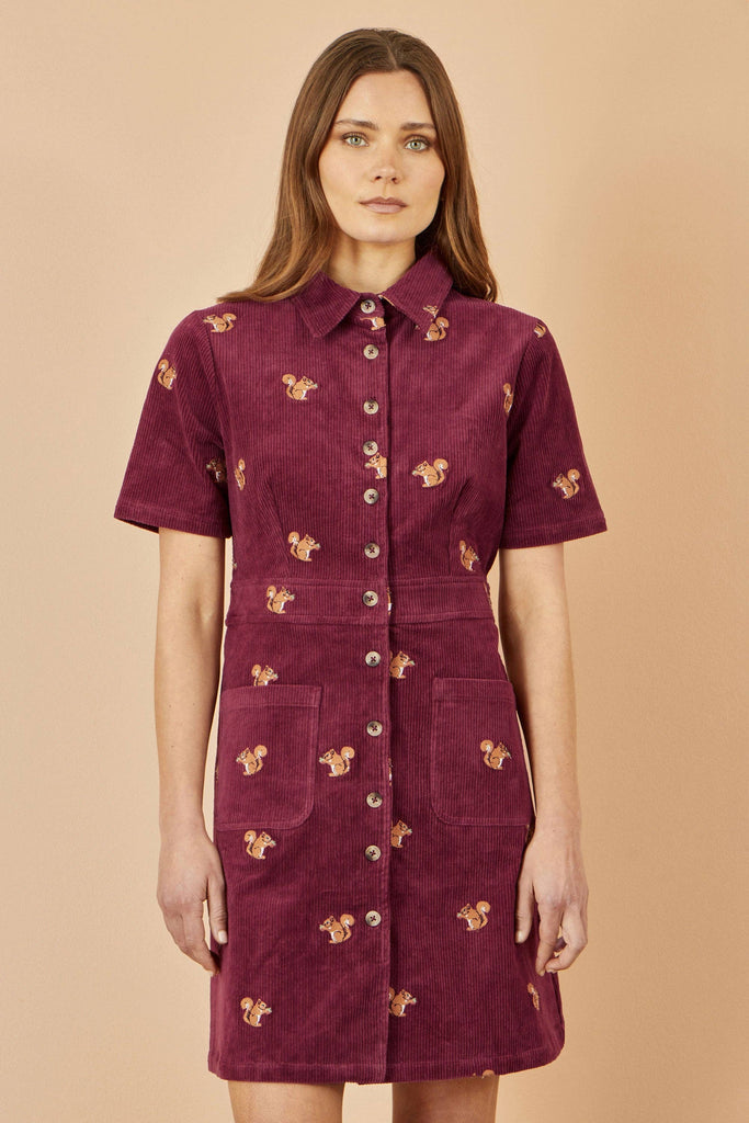 Cord Shirt Dress With Squirrel Embroidery
