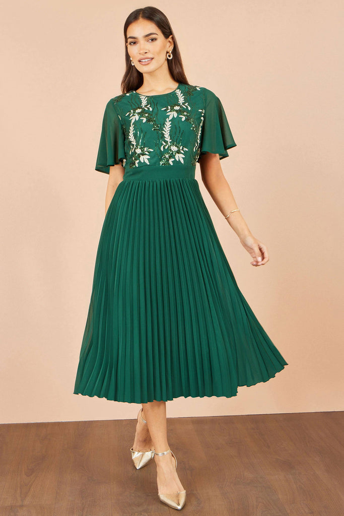 Green Sequin Embroidered Pleated Dress