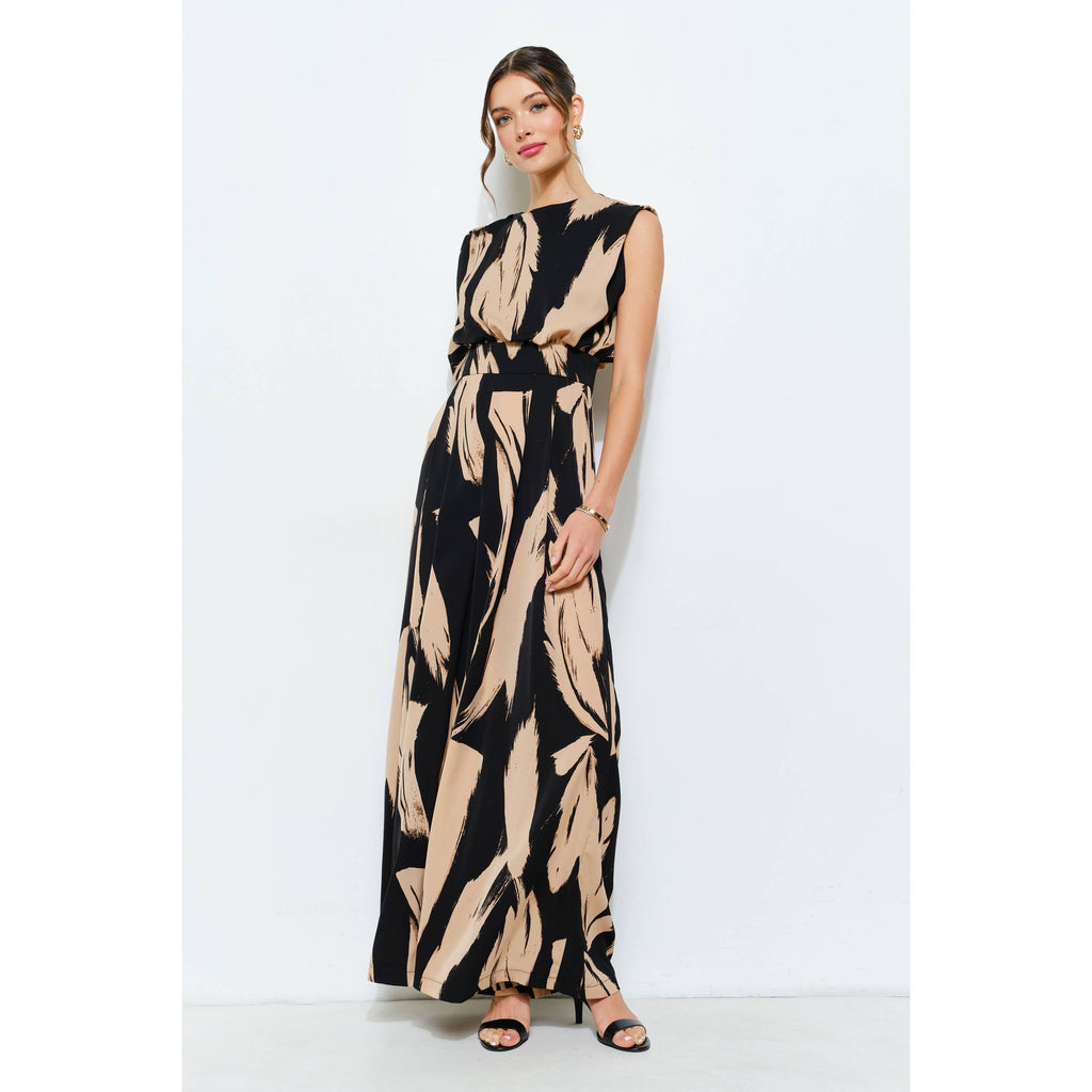 Abstract Draped Scarf-Neck Jumpsuit: