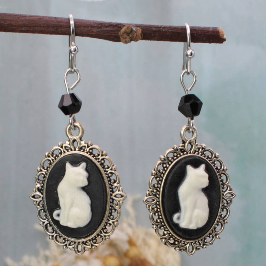White Cat Cameo Earrings