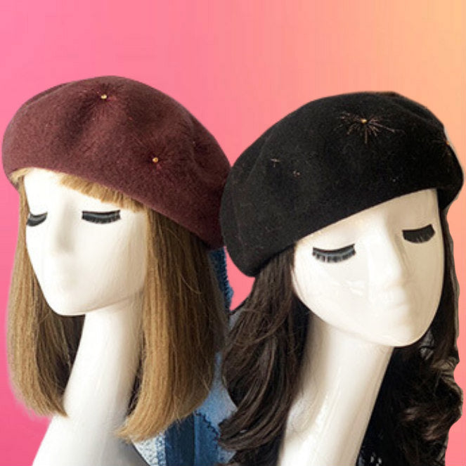 Glitter Embroidered Wool Beret: Wine