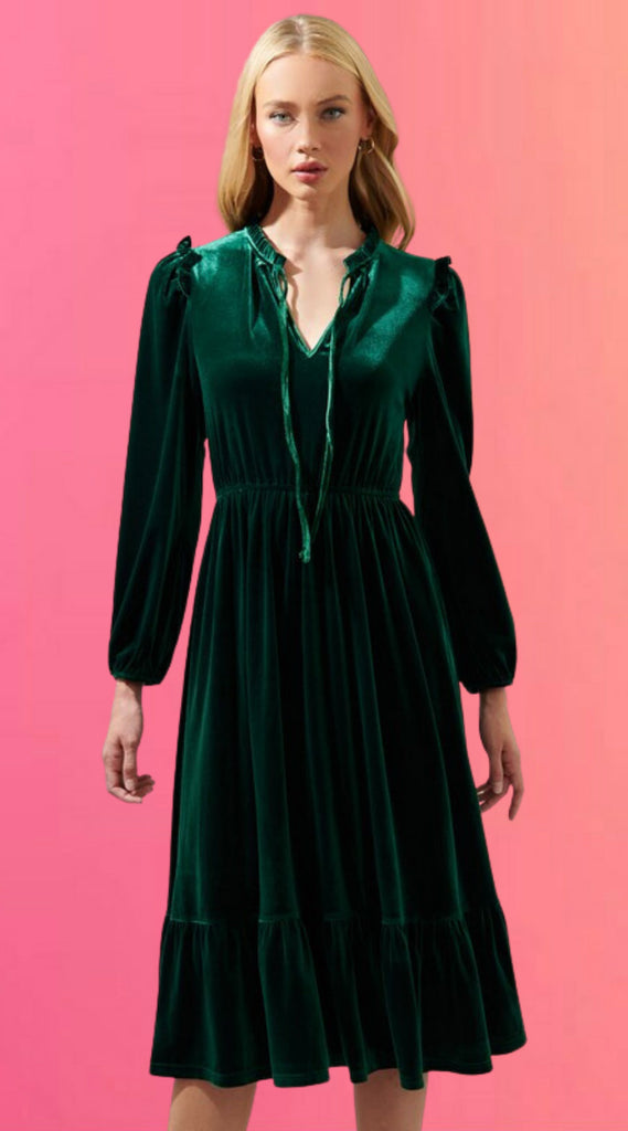 Charleston Ruffle Velvet Midi Dress: Green