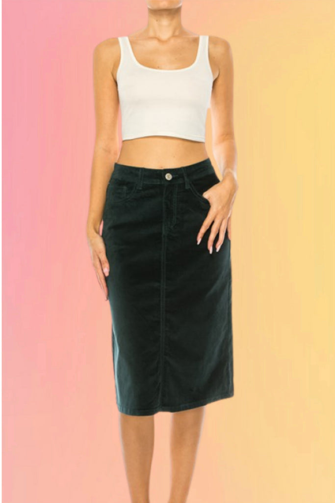 Velvet Denim Cut Skirt: Spruce Green