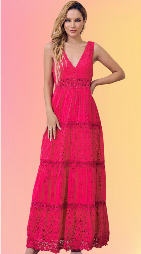 Hot Pink Embroidered Lace Dress