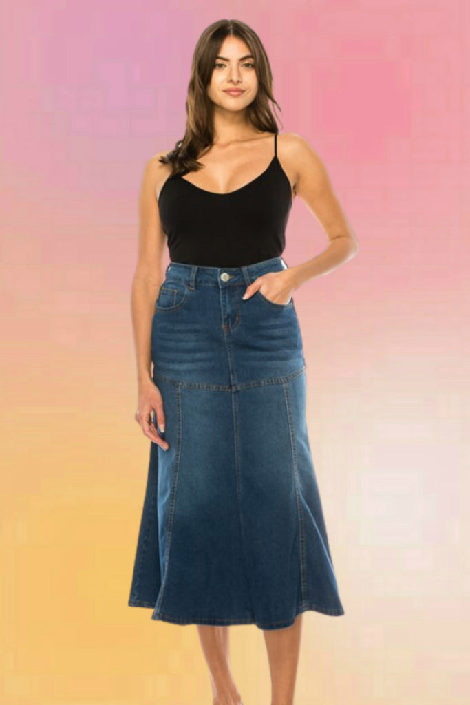 Vintage Wash Denim Midi Skirt