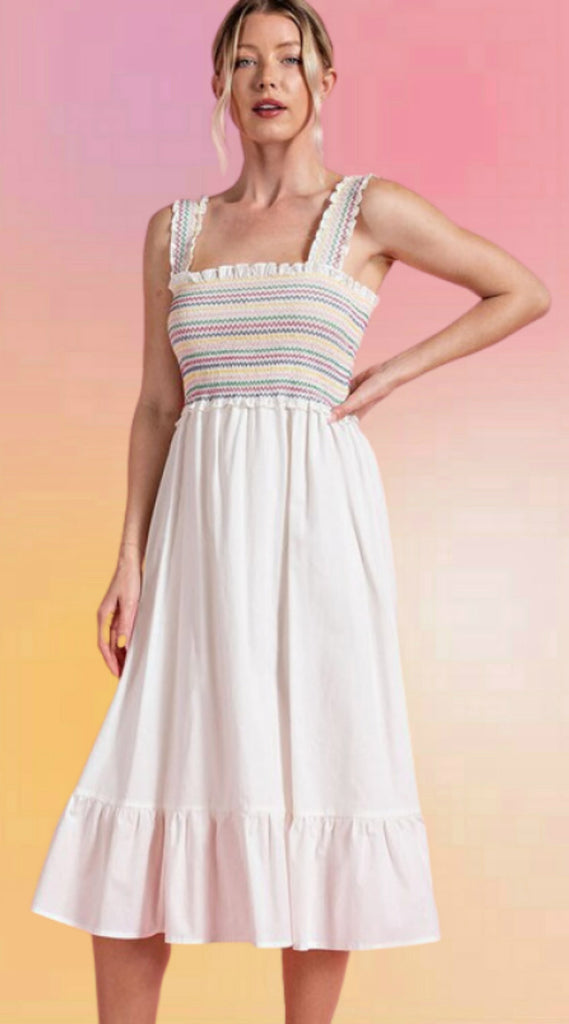 Rainbow Smoked Sundress: White