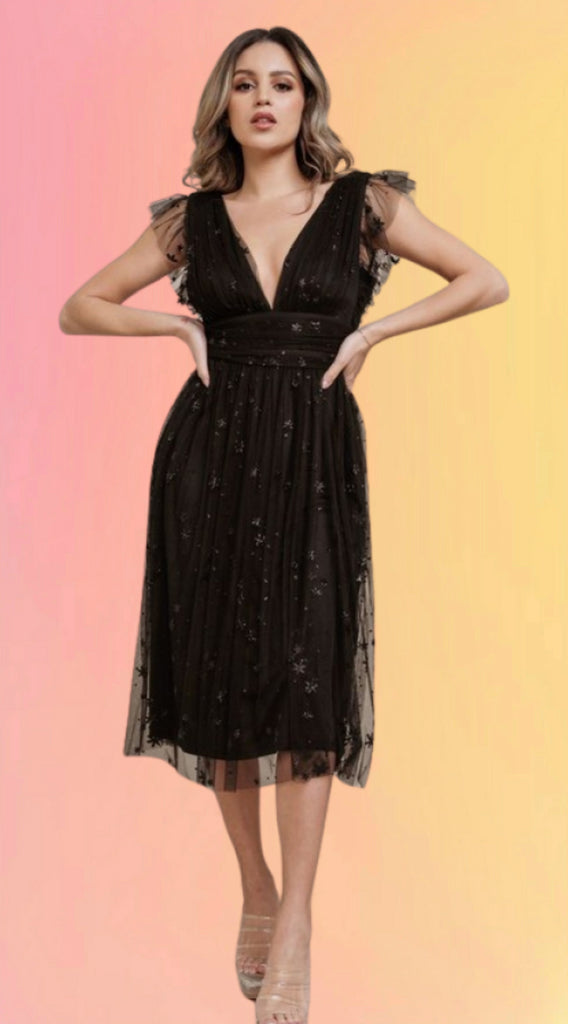 Black Star Glitter Midi Dress