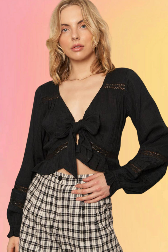 Long Sleeve Front Tie Top: Black