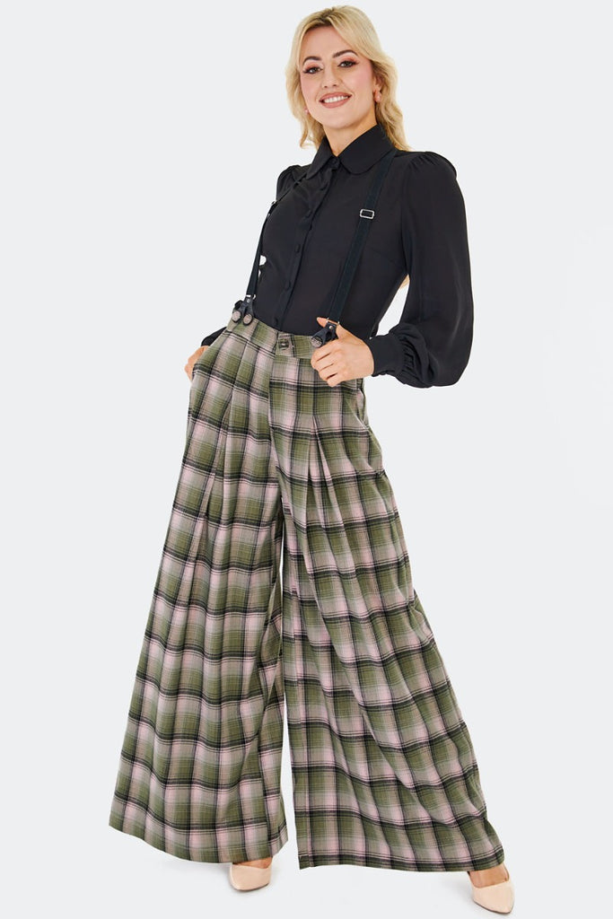 Plaid Flare Suspender Pants