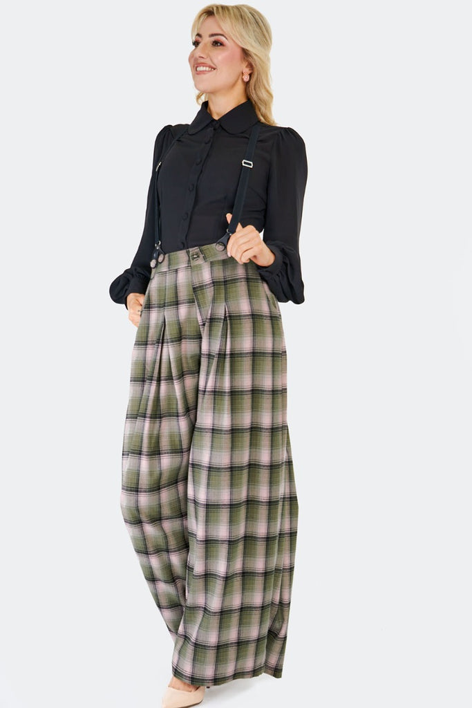 Plaid Flare Suspender Pants
