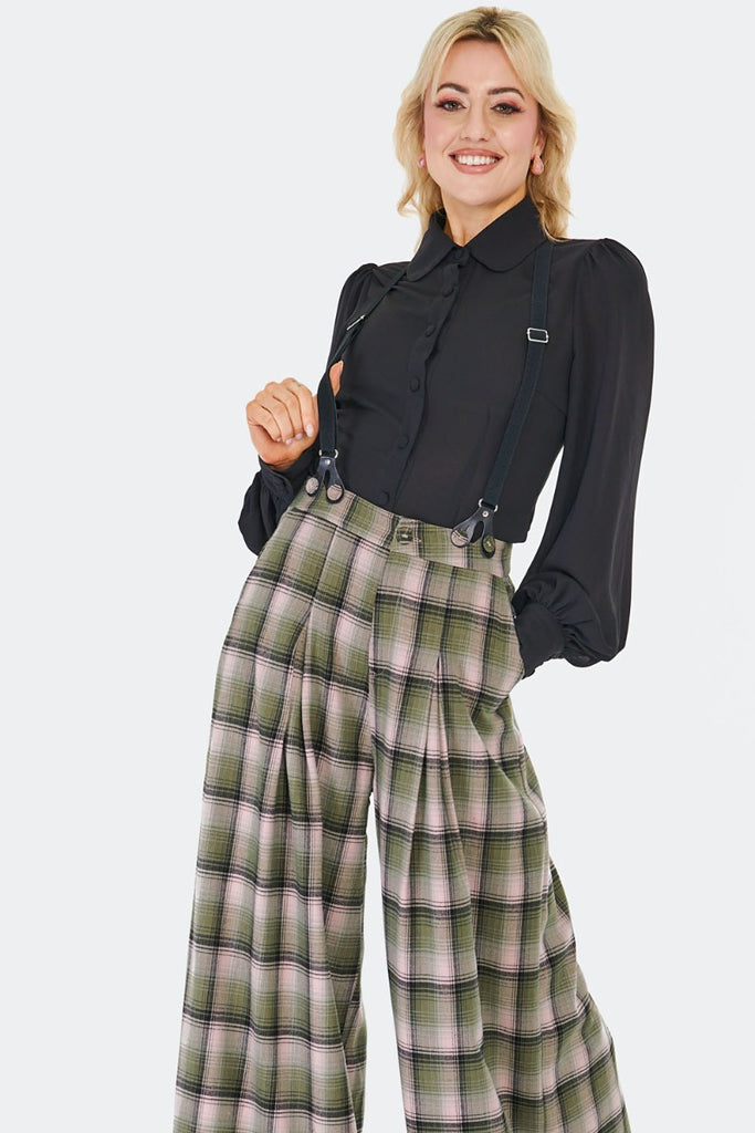 Plaid Flare Suspender Pants