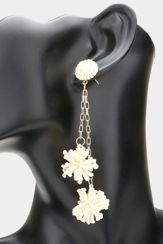 Beaded Pompom Earrings: Ivory