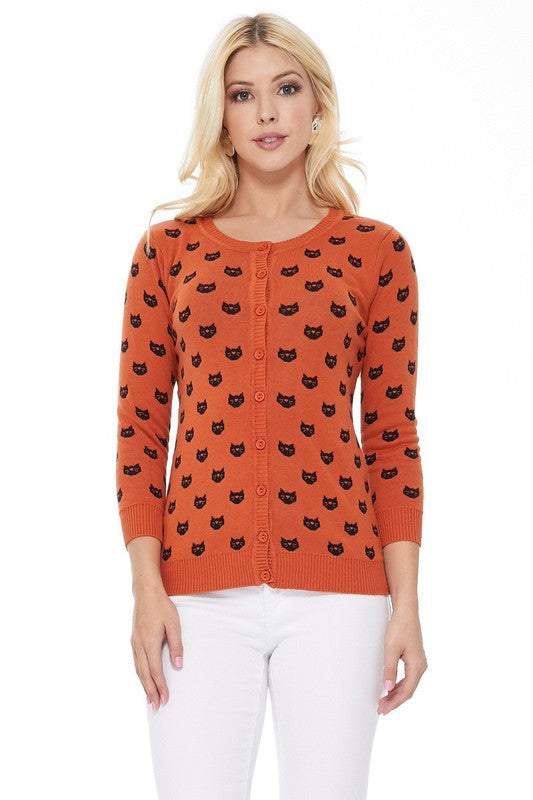 Crew Neck Cat Cardigan: Orange