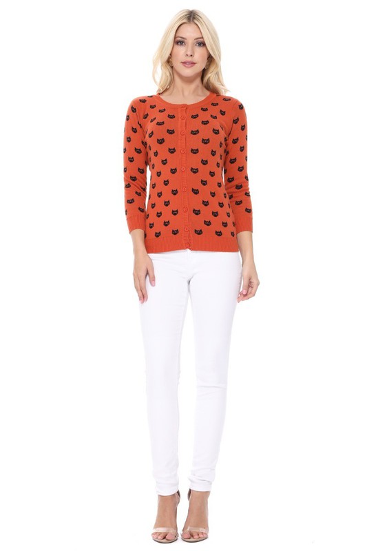 Crew Neck Cat Cardigan: Orange