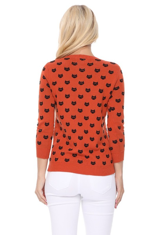 Crew Neck Cat Cardigan: Orange