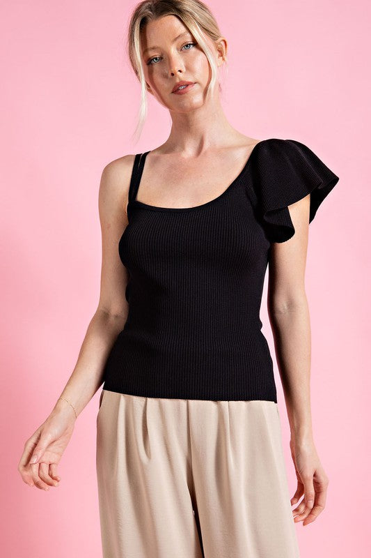 One Shoulder Knit Top: Black