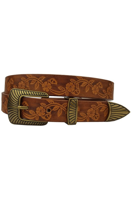 Tooled Western Brass Buckle Belt