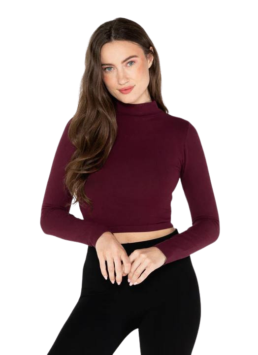 Bamboo Mock Neck Crop Top: Burgundy