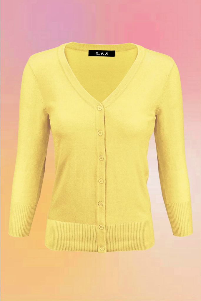 V-Neck 3/4 Sleeve Cardigan: Banana