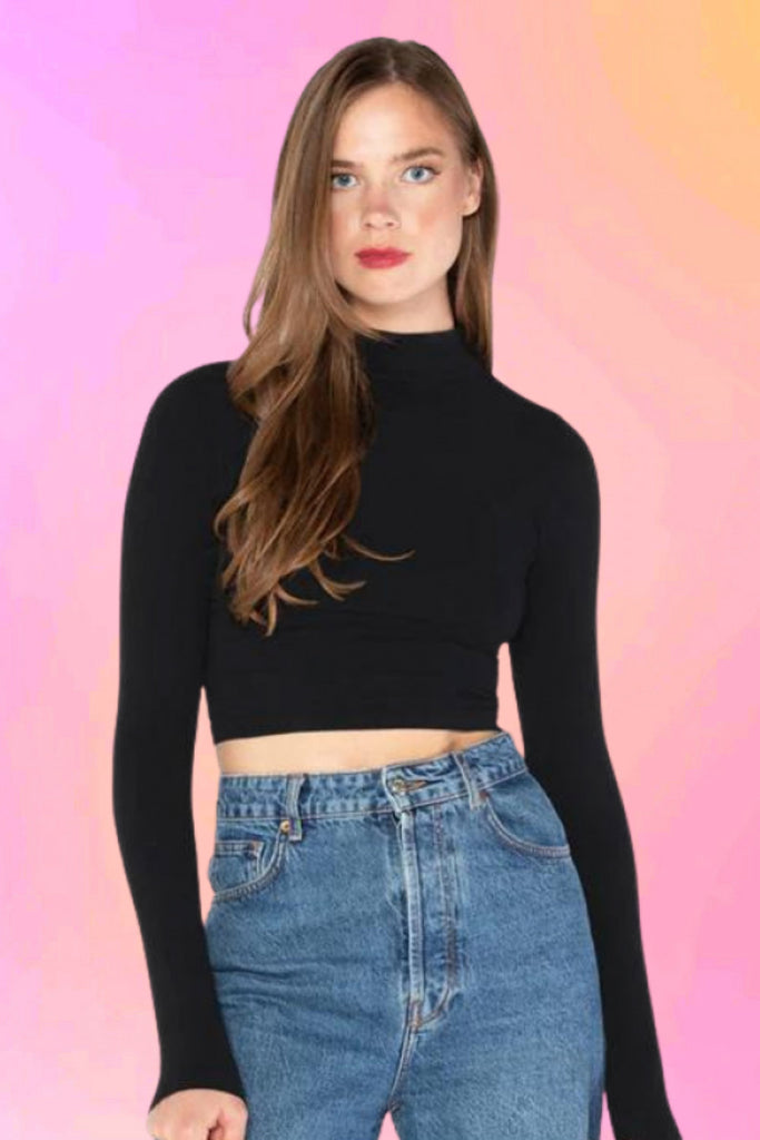 Bamboo Mock neck Crop Top: Black