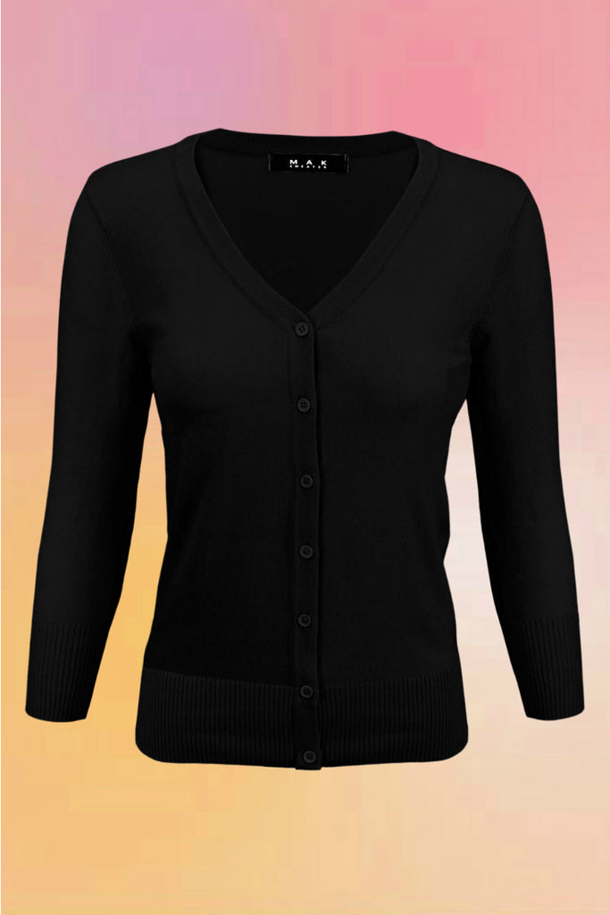 V-Neck 3/4 Sleeve Cardigan: Black