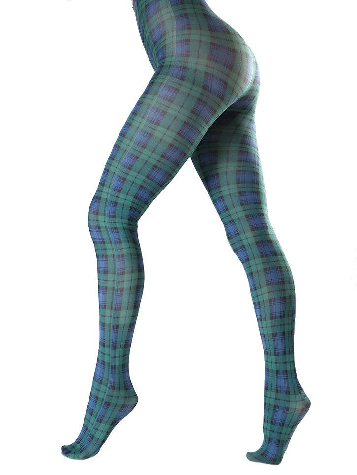 Black Watch Tartan Printed Tights: 16-18 / Blue/Green: XL