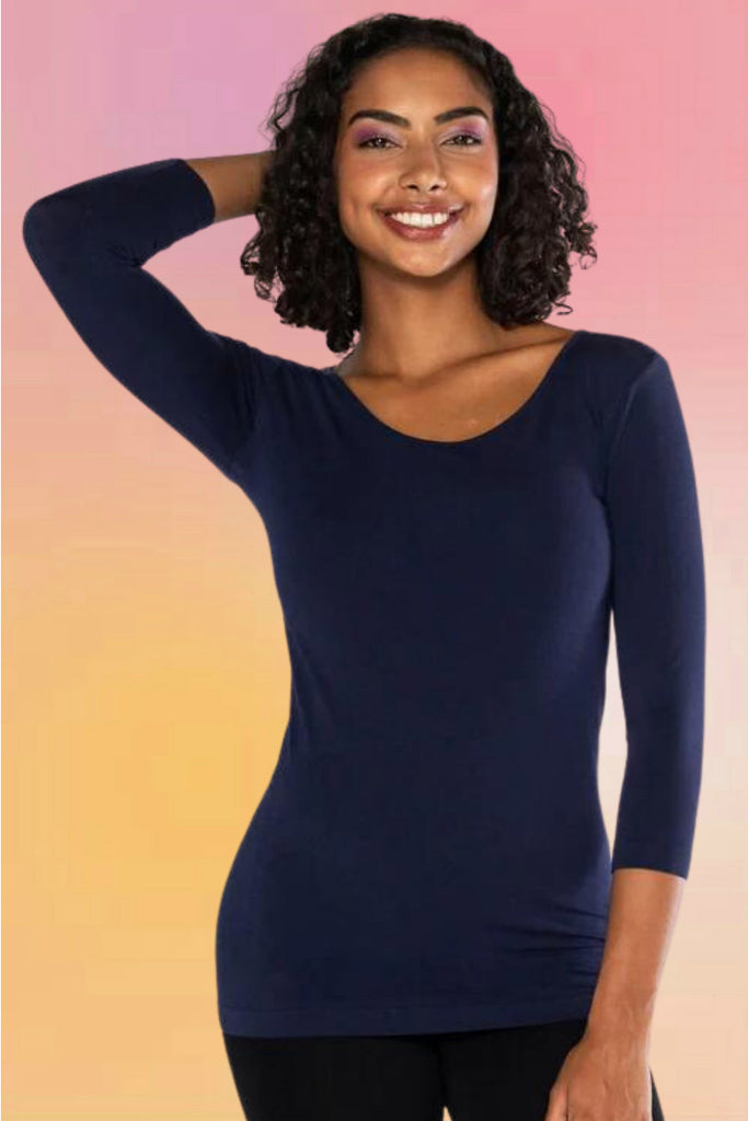 Bamboo Scoop Neck 3/4 Sleeve Tee: Navy