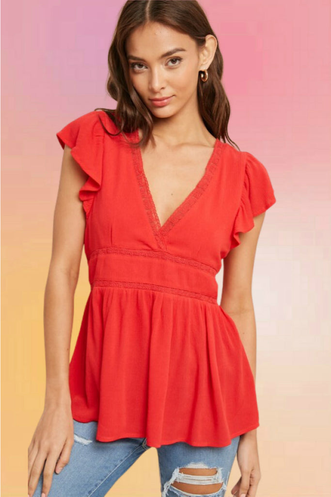 Cherry Red Flutter Sleeve Top