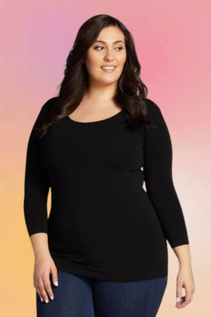 Plus Size Bamboo Scoop Neck 3/4 Sleeve Tee: Black