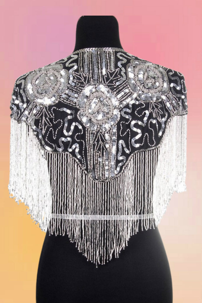 Beaded Sparkles Fringe Shawl: Dark Silver