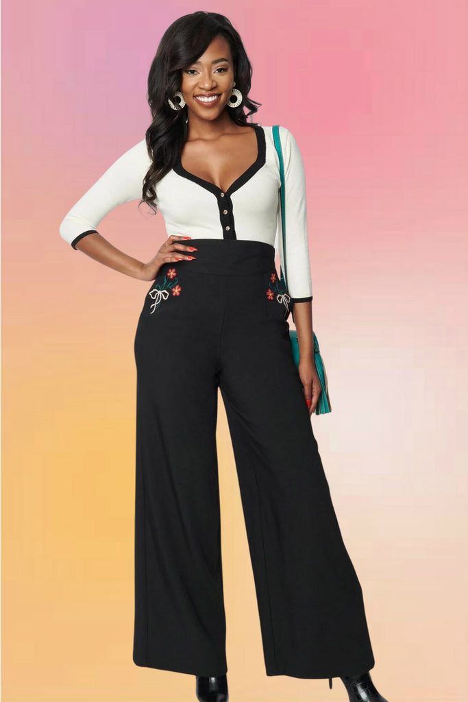 Embroidered Wide Leg Pant