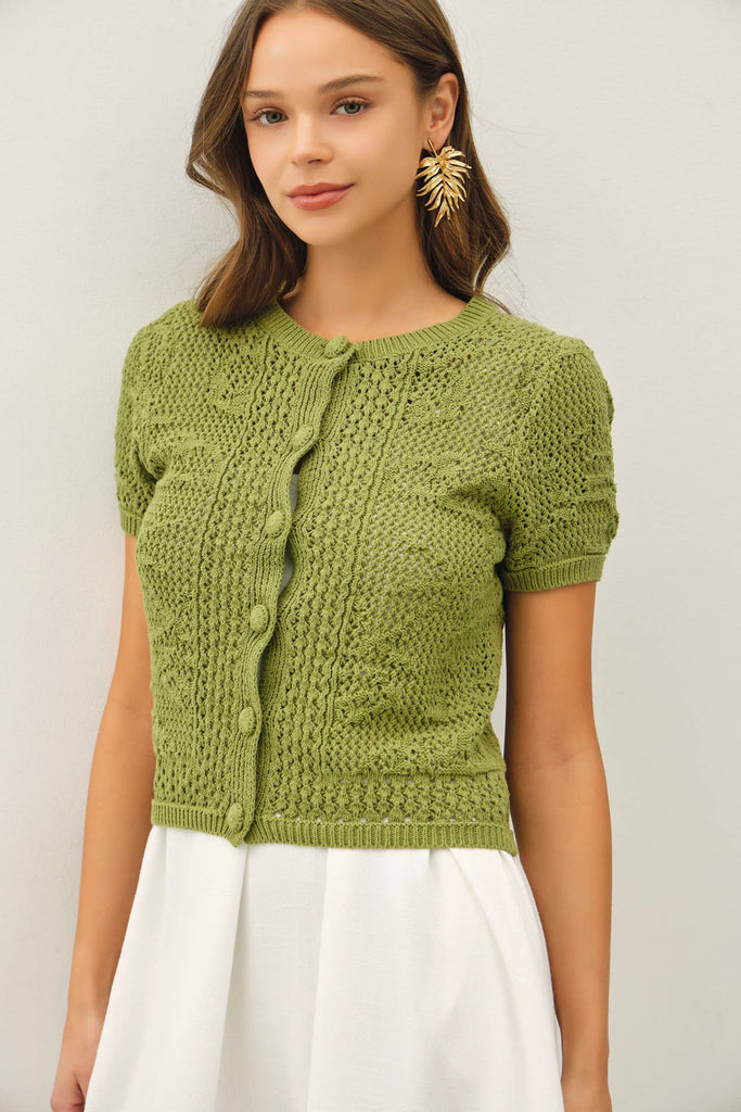 Cotton Crochet Short Sleeve Cardi: Pine