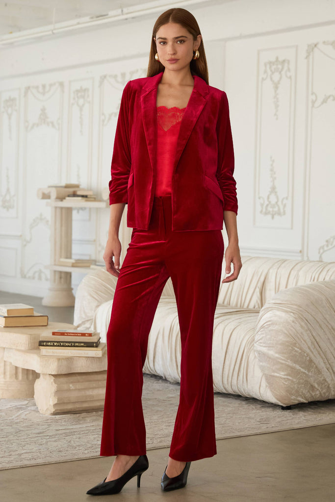 Velvet Blazer with Ruched Sleeves: Red