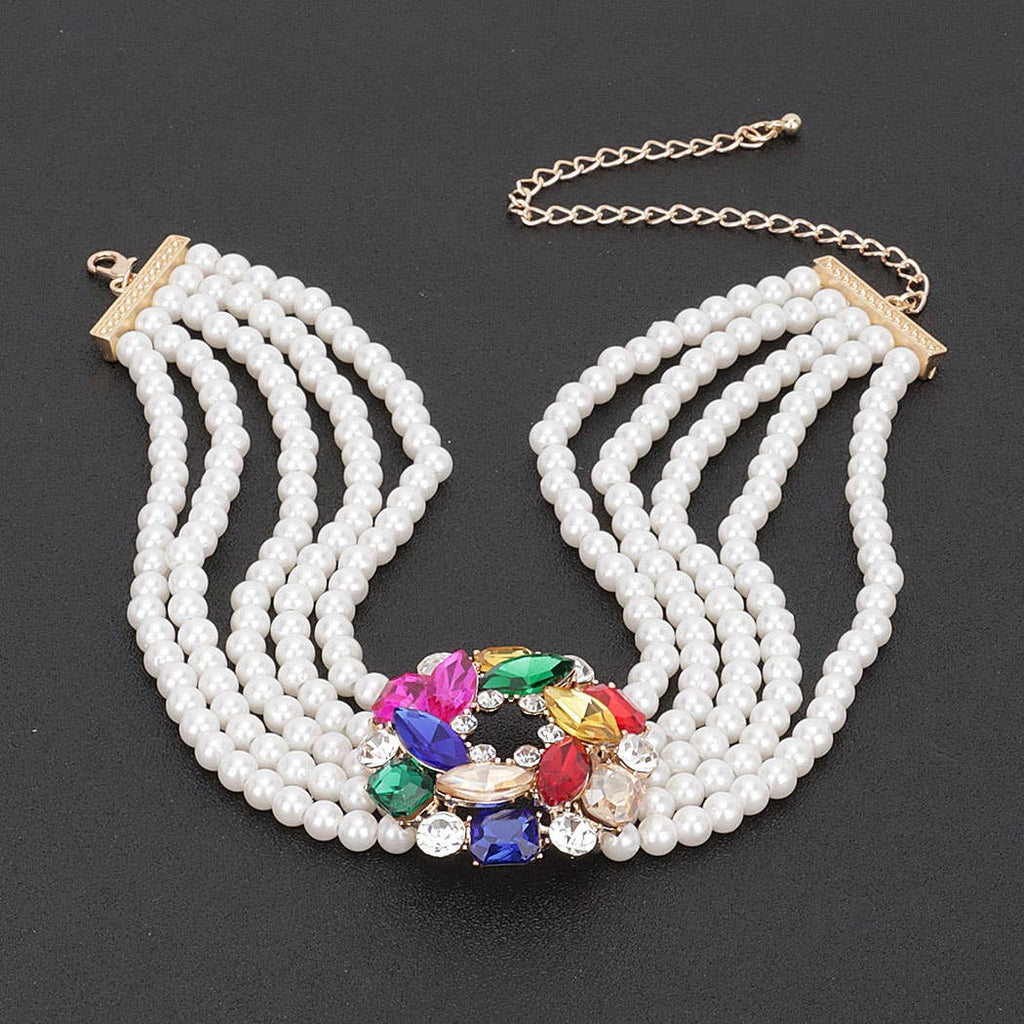 Rainbow Rhinestone Pearl Choker