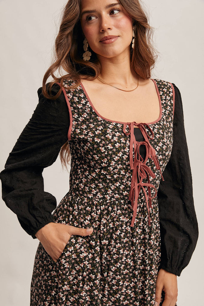 Floral Patchwork Lace-Up Maxi Dress