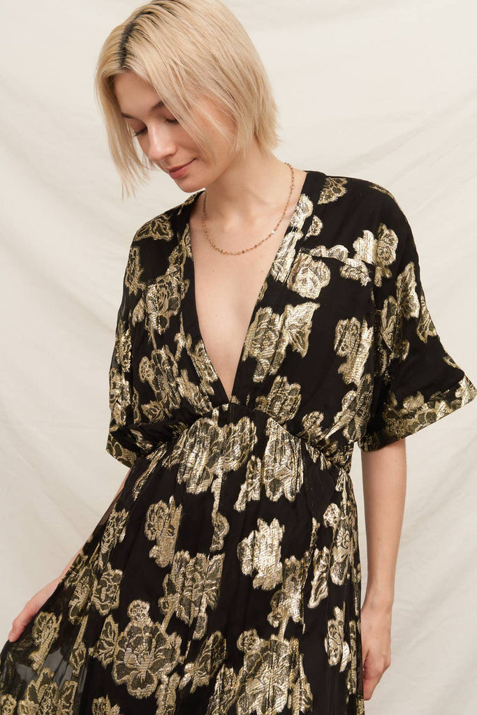 Gold Blossoms Kimono Maxi Dress