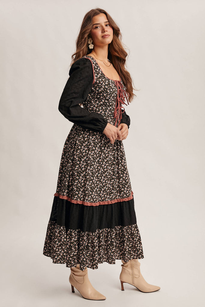 Floral Patchwork Lace-Up Maxi Dress